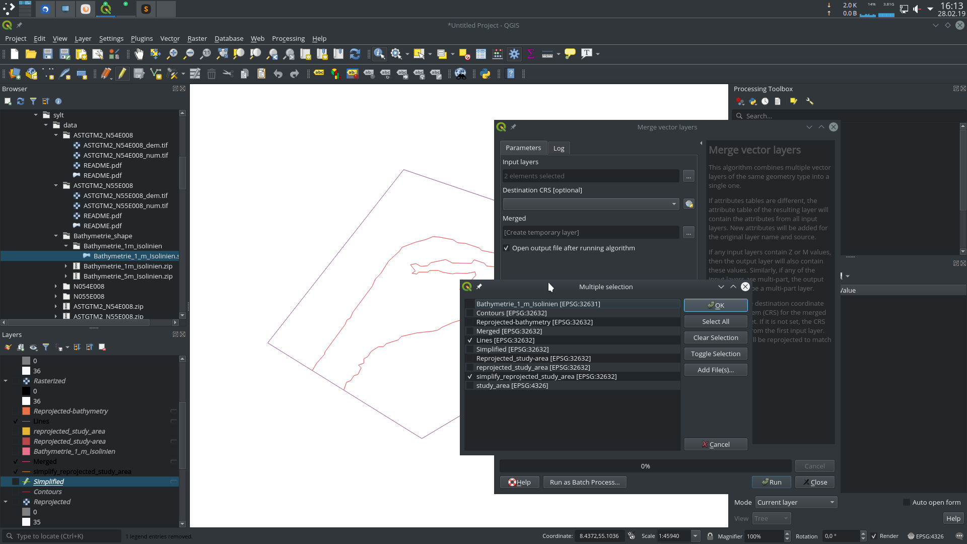 Merge vector layers boundary polyline and coastline
