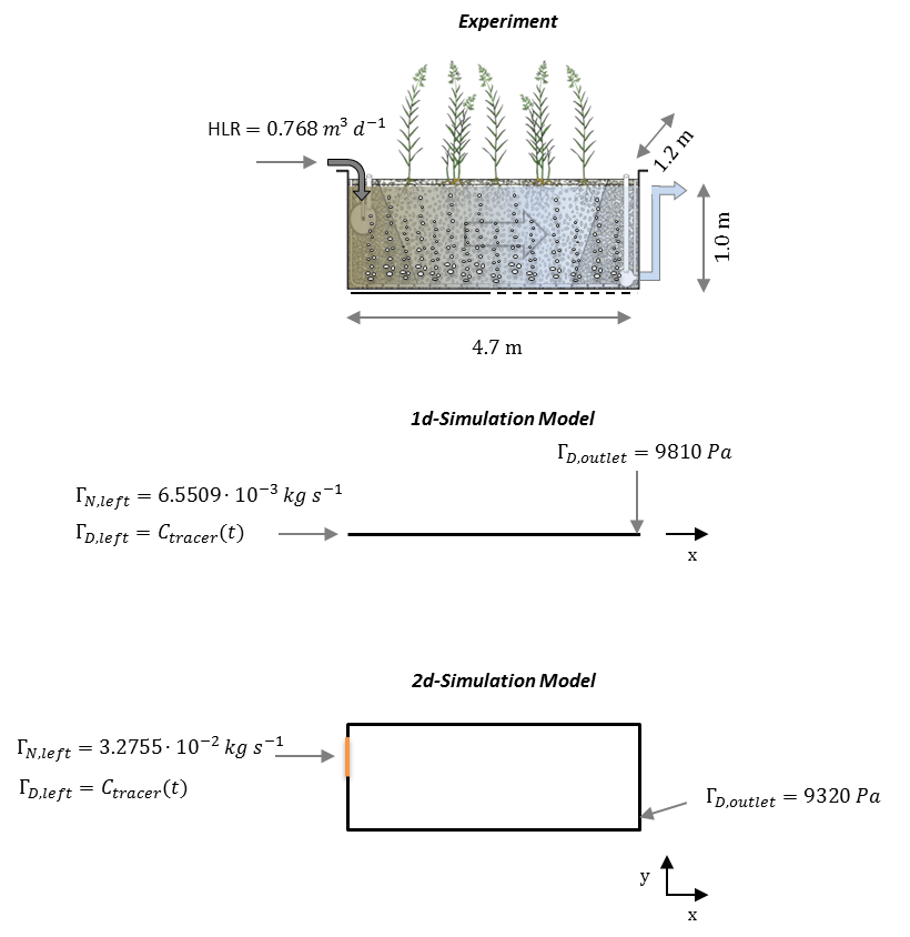 Top: Schematic representation of the experiment. Middle and bottom: Simulated domain and input parameters in 1D and 2D, respectively. Modified with permission from Boog et al. (2019).