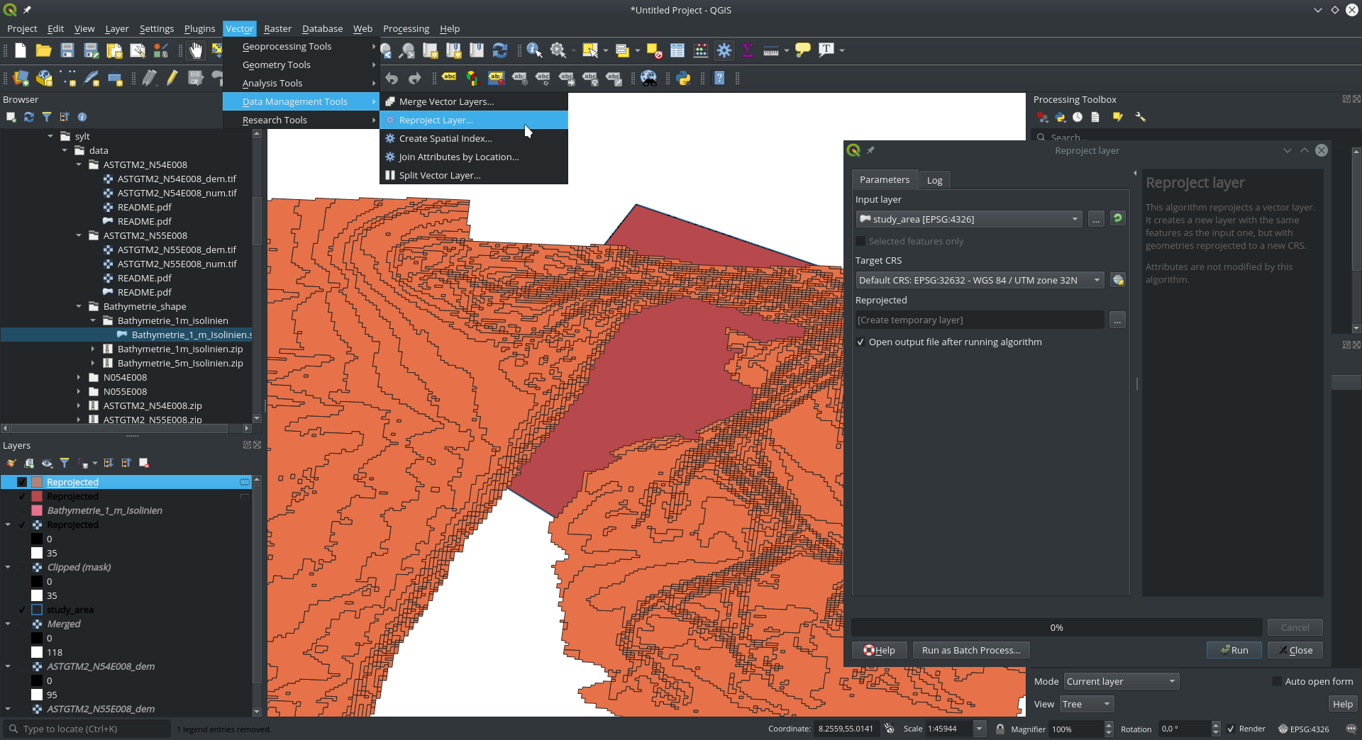 Reproject shape bathymetry data